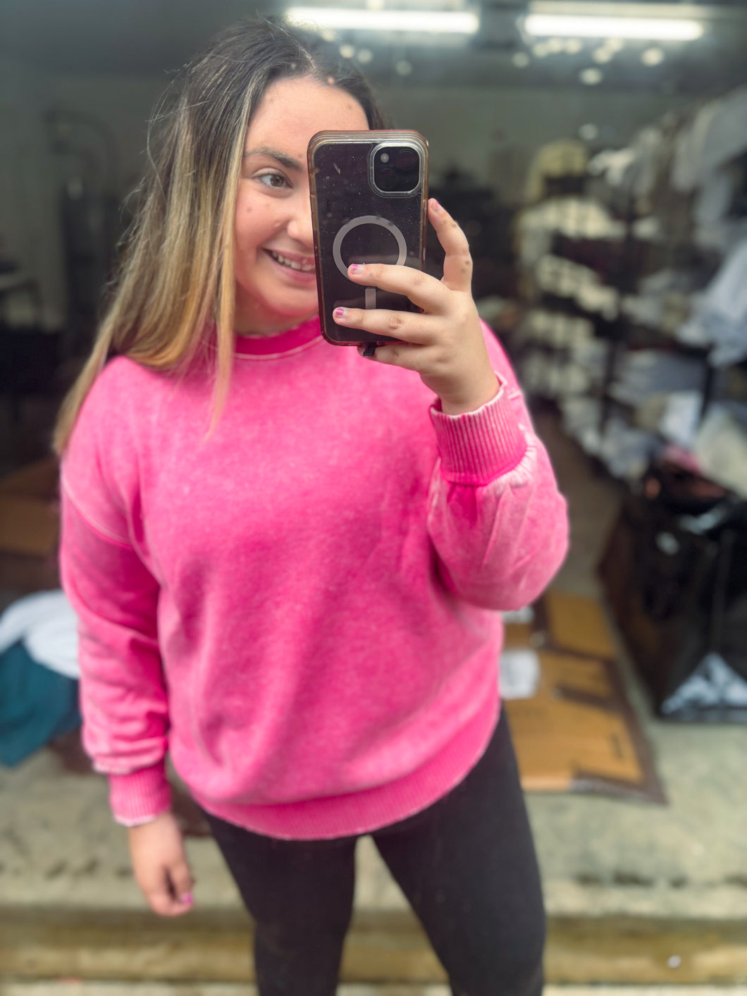 Hot Pink Mineral Wash Pullover