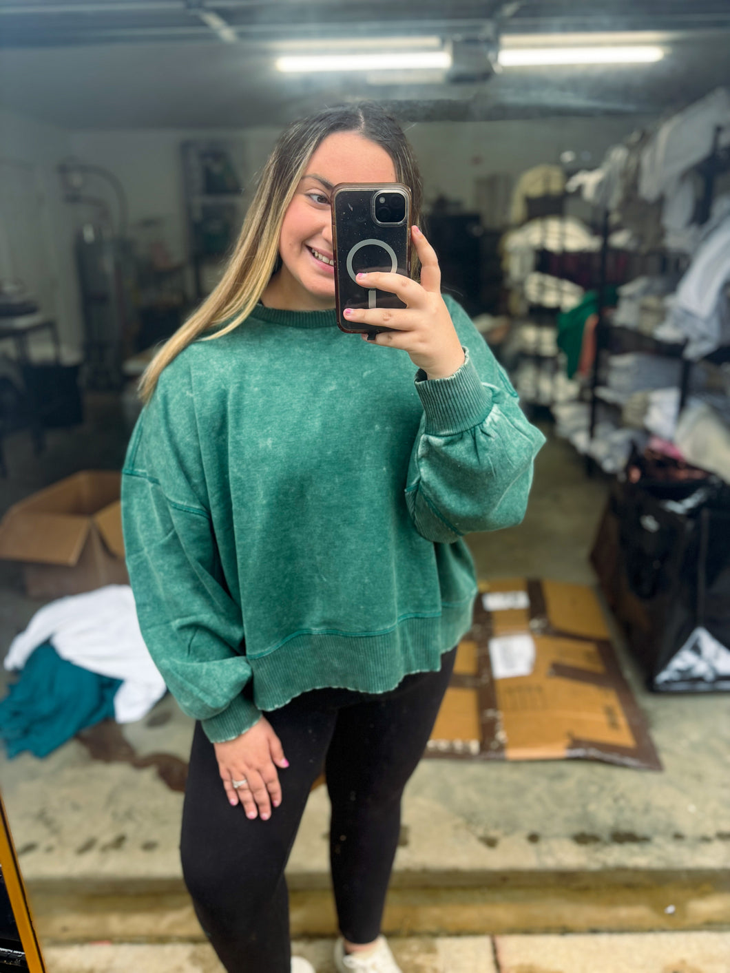 Dark Green Crop Mineral Wash Pullover