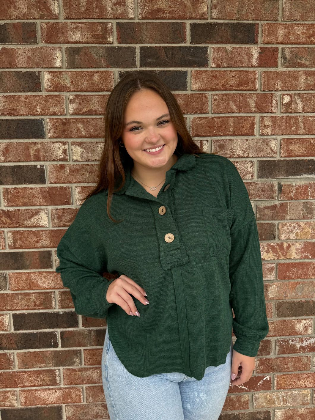 Button Henley Top-Green