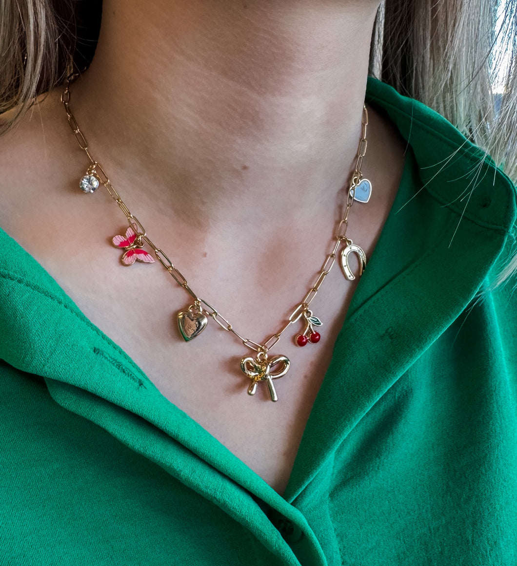 Bow And Cherries Charm Necklace